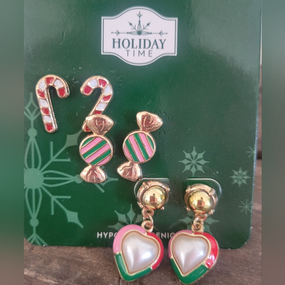 Holiday Time Festive Candy and Heart Earrings - Pink and Gold